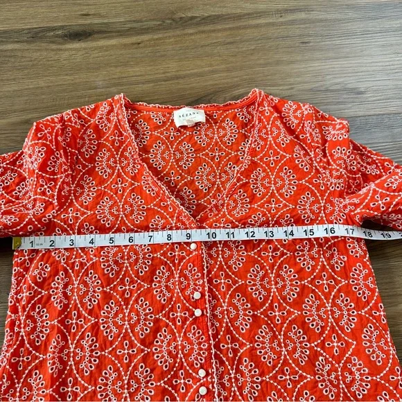 Sezane Antika Blouse Ecru On Coral 38 Fr US 6 Embroidered Button V-Neck Eyelet - Picture 8 of 11